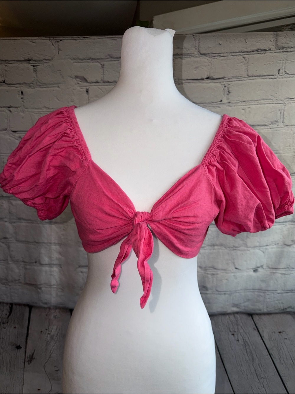 Hot Pink Puff Sleeve Tie Front Crop Top XS 100% Cotton Boho Cottagecore